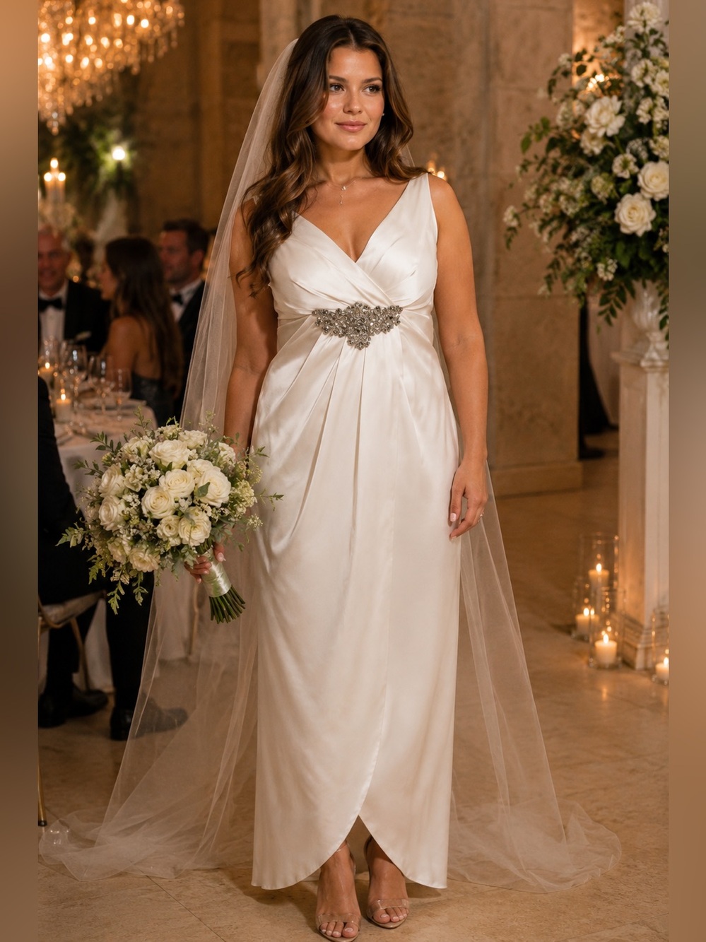 JS Collections Satin Embellished Beaded Satin Gown Dress Womens 10 Champagne
